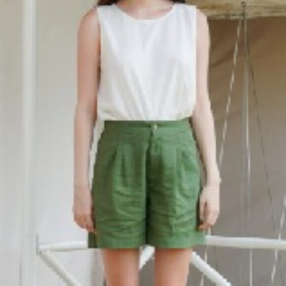 Hannah Canvas Linen High Waist Shorts - Olive - Large - NEW - Picture 1 of 3